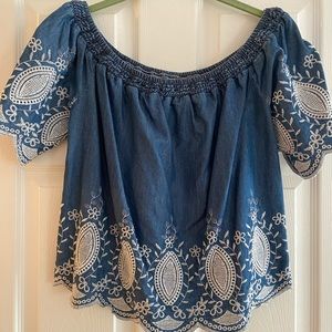 Off-Shoulder Knit Denim Top (Large)
